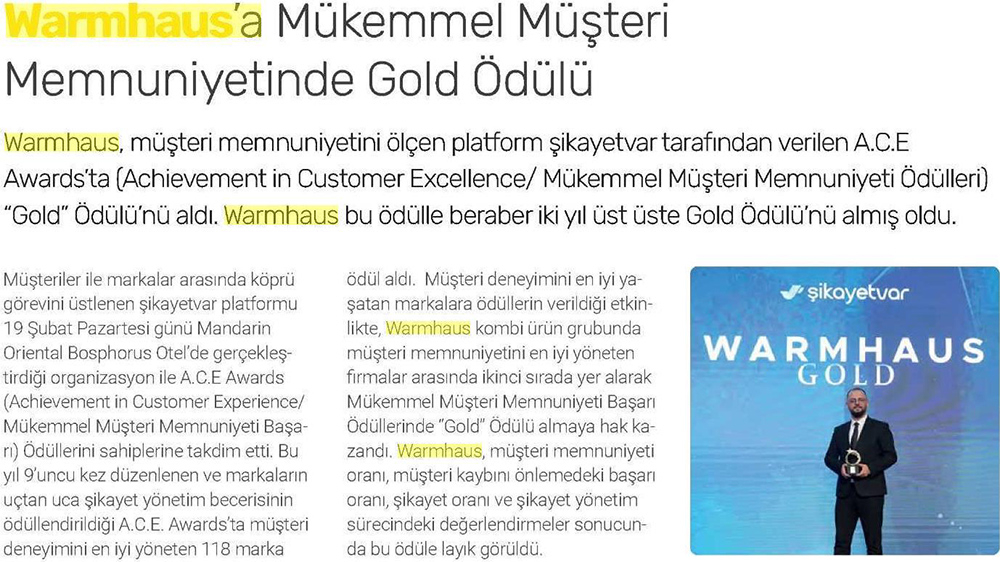 WARMHAUS'A MÜKEMMEL MÜŞTERİ MEMNUNİYETİNDE GOLD ÖDÜLÜ 